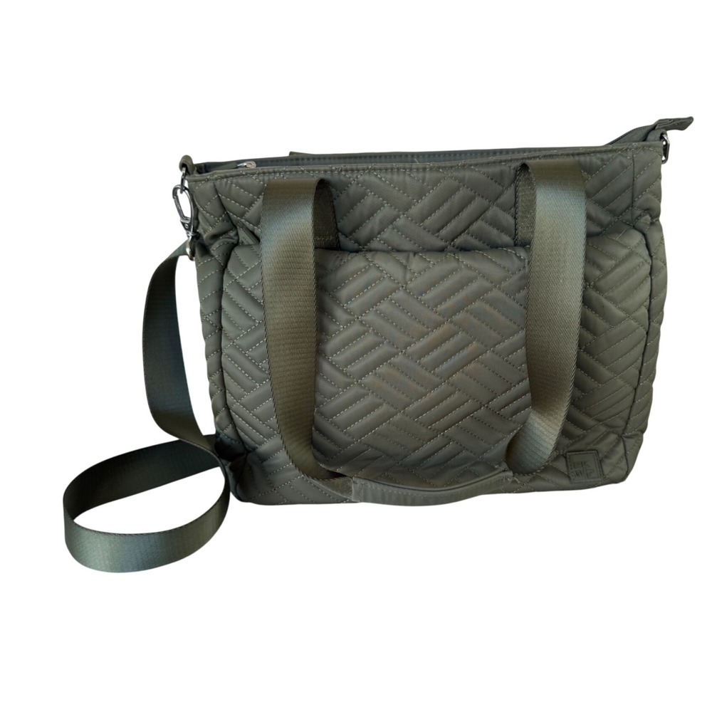 HKWP Quilted Tote Bag Womens Medium Olive Green Excellent Crossbody Nylon
